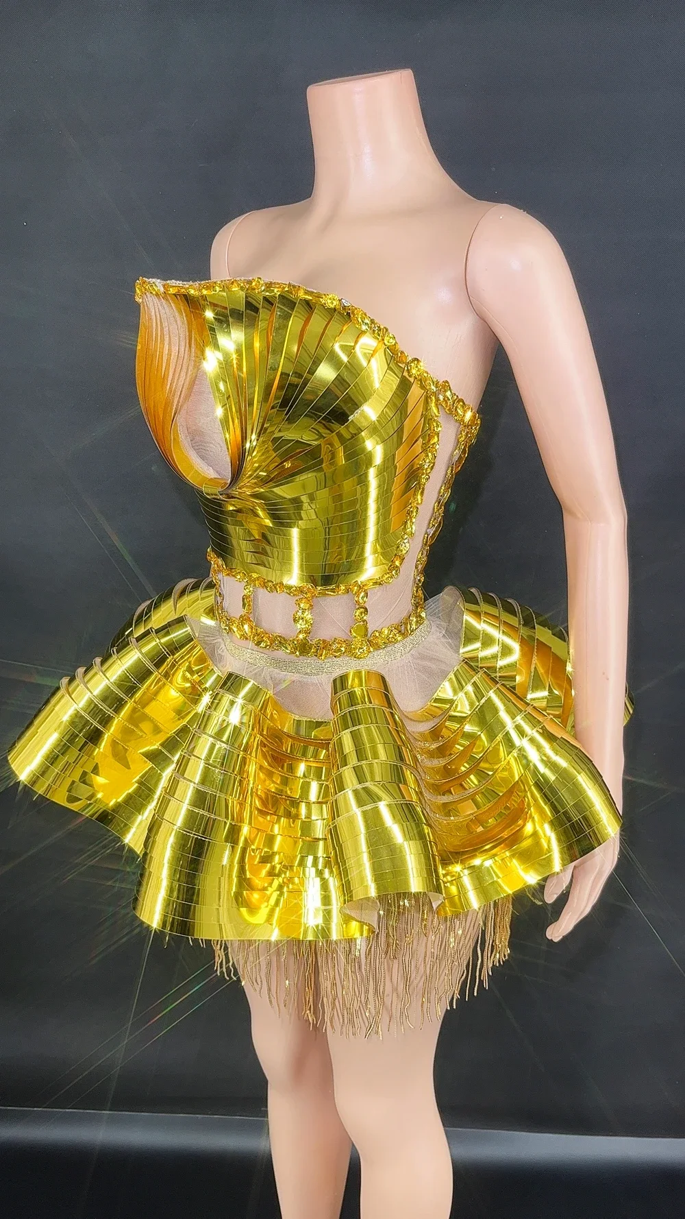 Vestido de burbuja de tubo corto con diamantes de imitación de lentejuelas doradas brillantes, ropa de escenario Sexy para espectáculo, disfraz de baile, fiesta de celebración