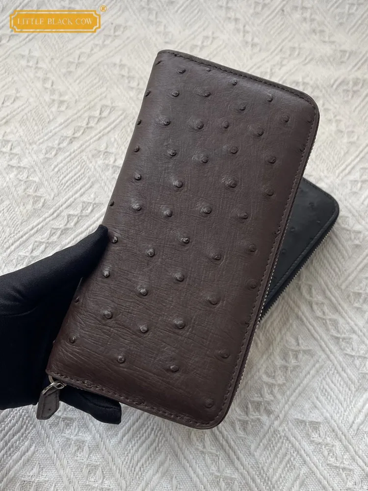 

New Mens Women Ostrich Leather Wallet Zipper Long Purse Fashion Casual Male Ladies Clutch Bag Card Holder Real Leather Wallets