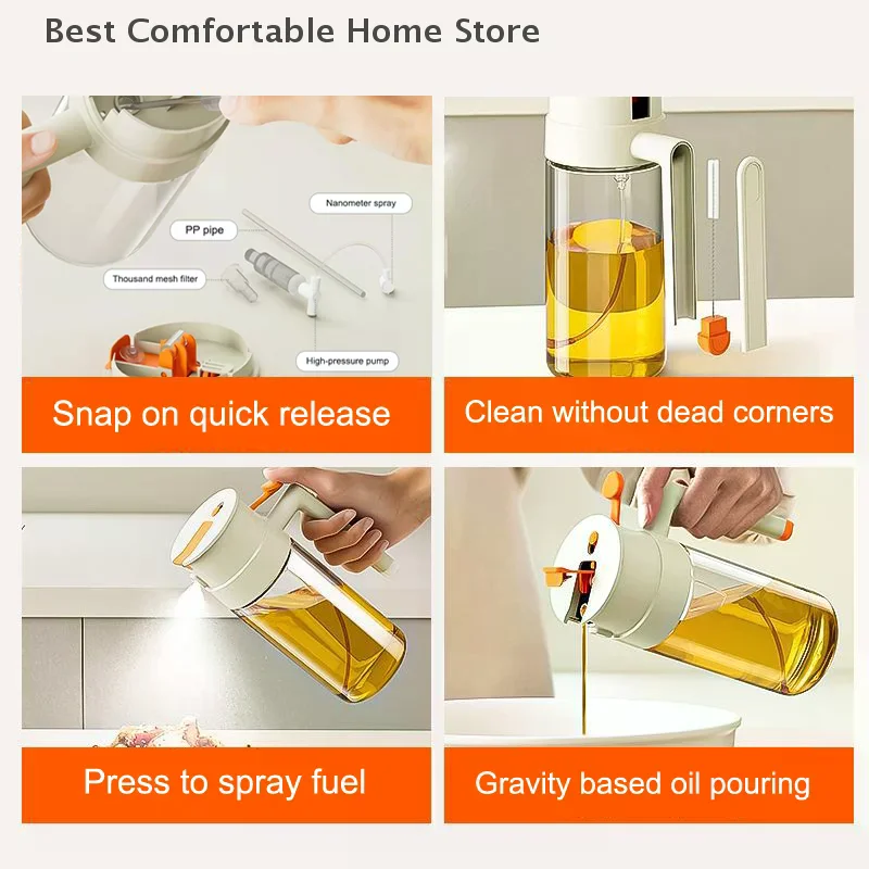 470/650ml 2 In 1 Oil Spray Bottle With Pour Spout Leakproof Multifunctional Large Capacity Glass Oiler Kitchen Cooking Accessory