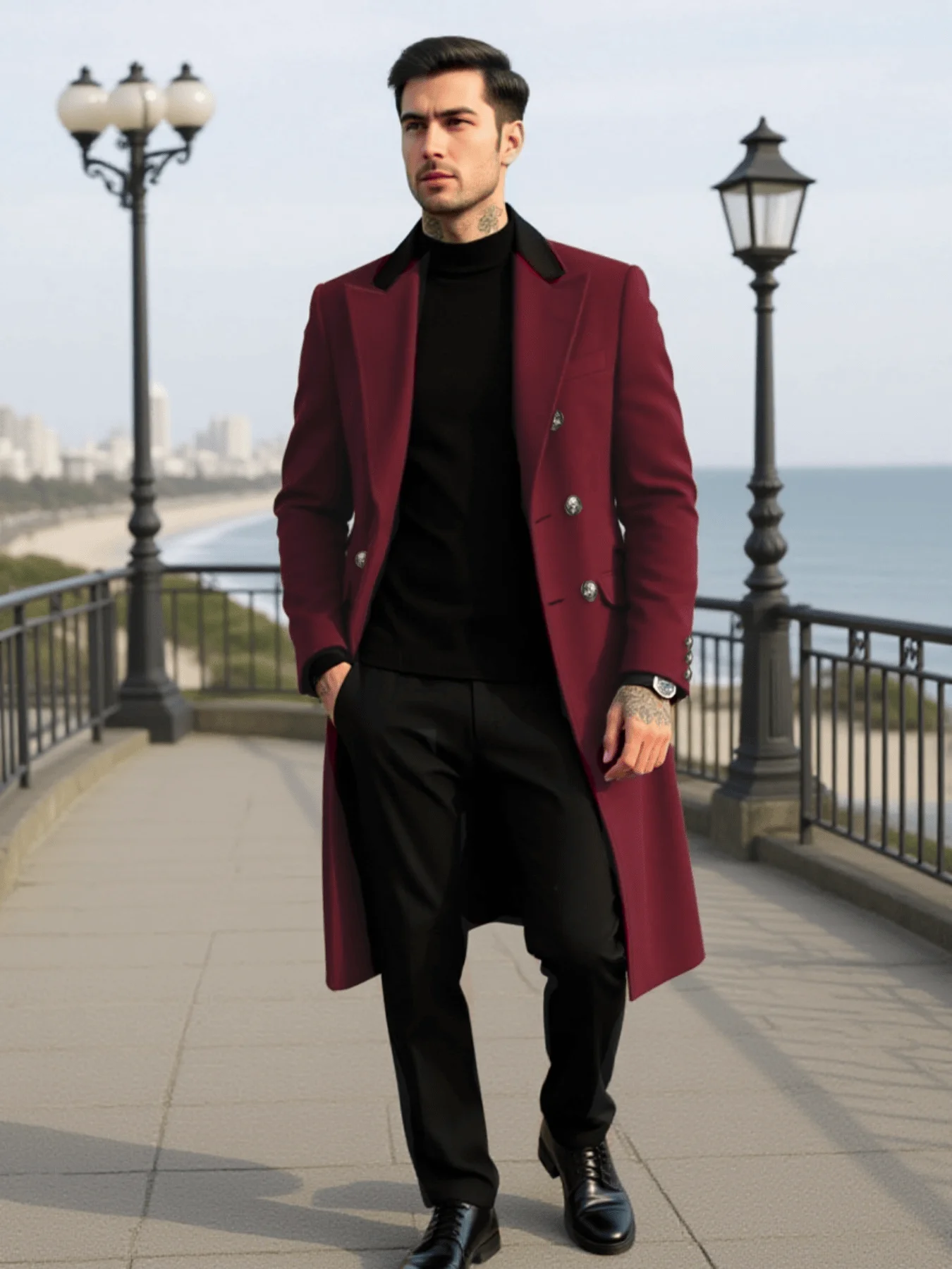 

Men's Double-Breasted Wool Overcoat Thickened for Extreme Cold Patchwork Windbreaker Coat Windproof Street Style Tailoring