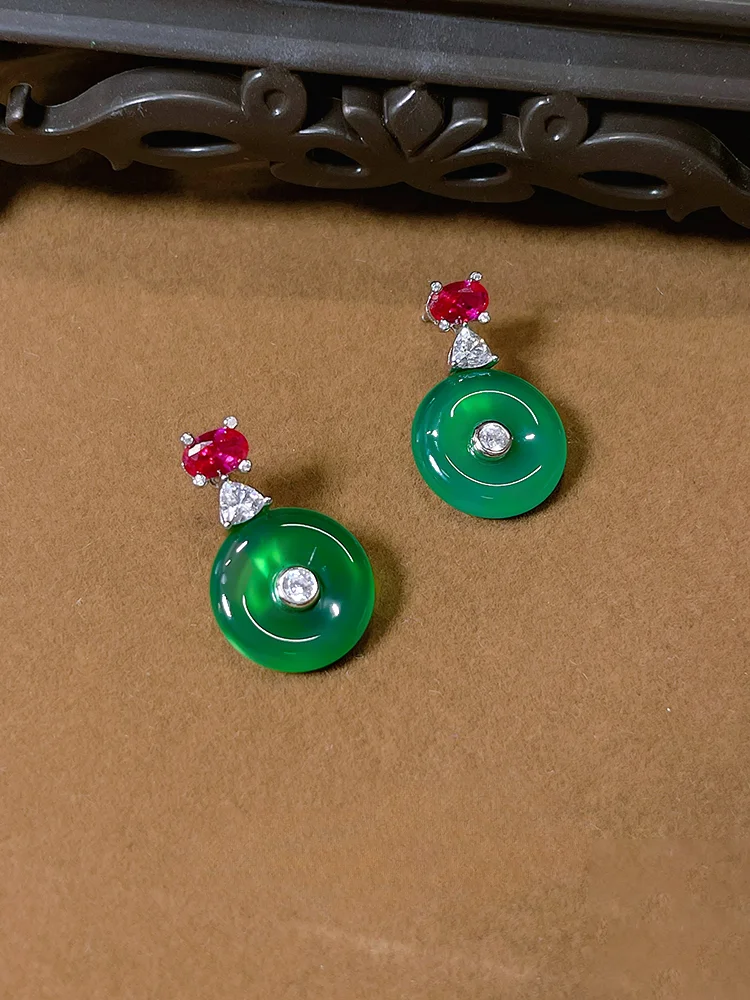 Retro New Chinese Green Jade Marrow Safe Buckle Earrings 925 Pure Silver Inlaid Versatile, Unique, Elegant and High End