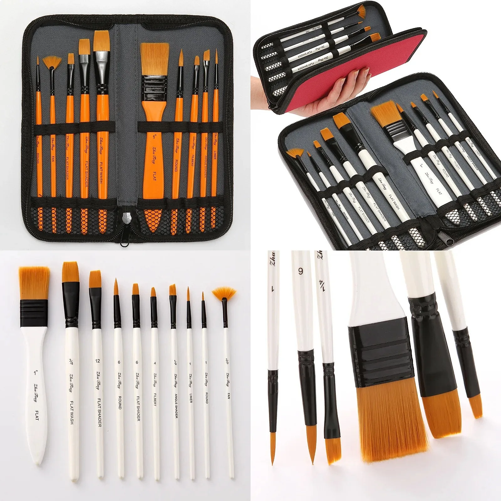 10Pcs Watercolor Paint Brush Set Wooden Handle Nylon Pointed Tip for Oil Acrylic Painting Art Supplies DIY