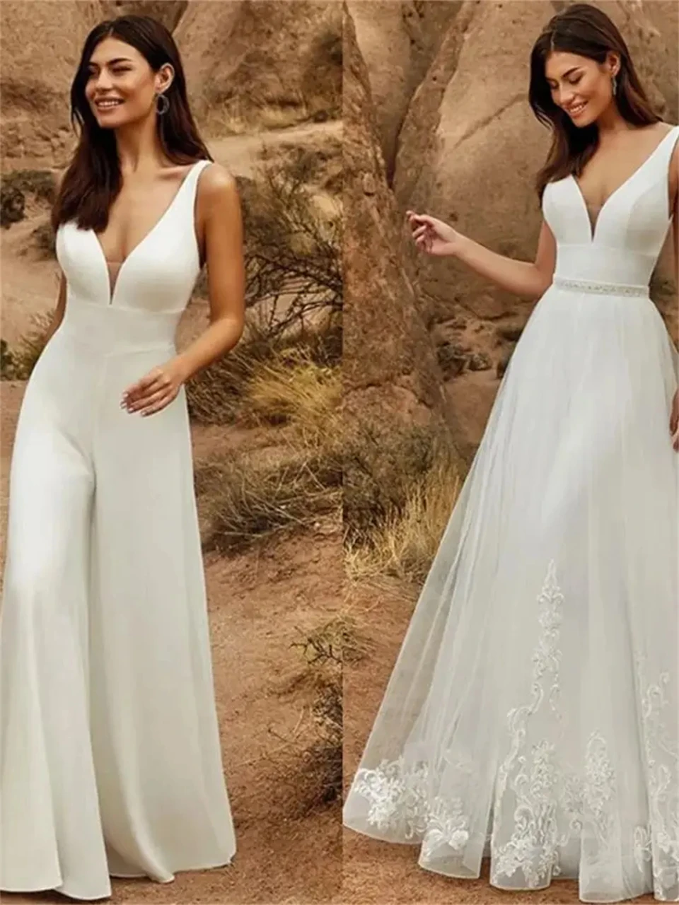 Vestido De novia elegante con escote en V profundo para mujer, traje De novia con tirantes finos y espalda descubierta, con cola desmontable, 2024