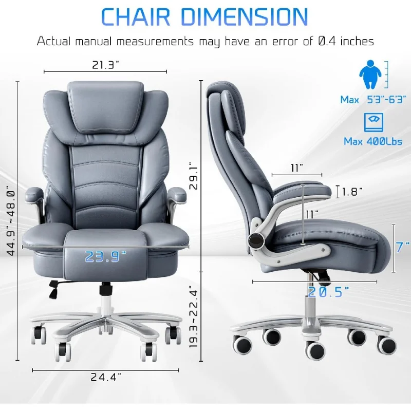 Big And Tall Office Chair 400lb Wide Seat, High Back Leather Executive Office Chair With Flip-Up Arms, Computer Desk Chairs