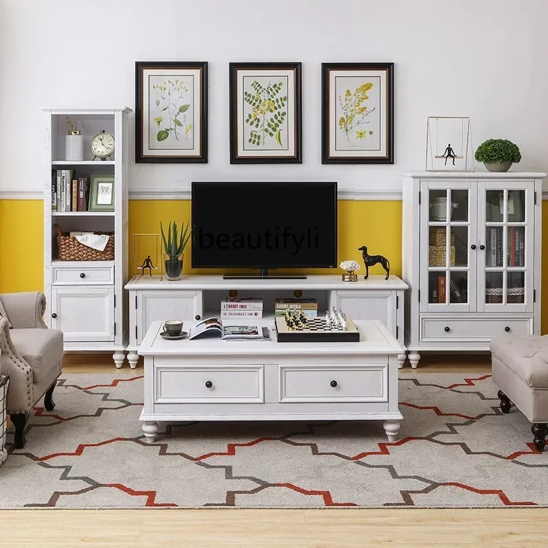 Mobile TV country americano in legno massello soggiorno armadio da pavimento bianco avorio vecchio mobile per l'audition, stile pastorale in legno di frassino