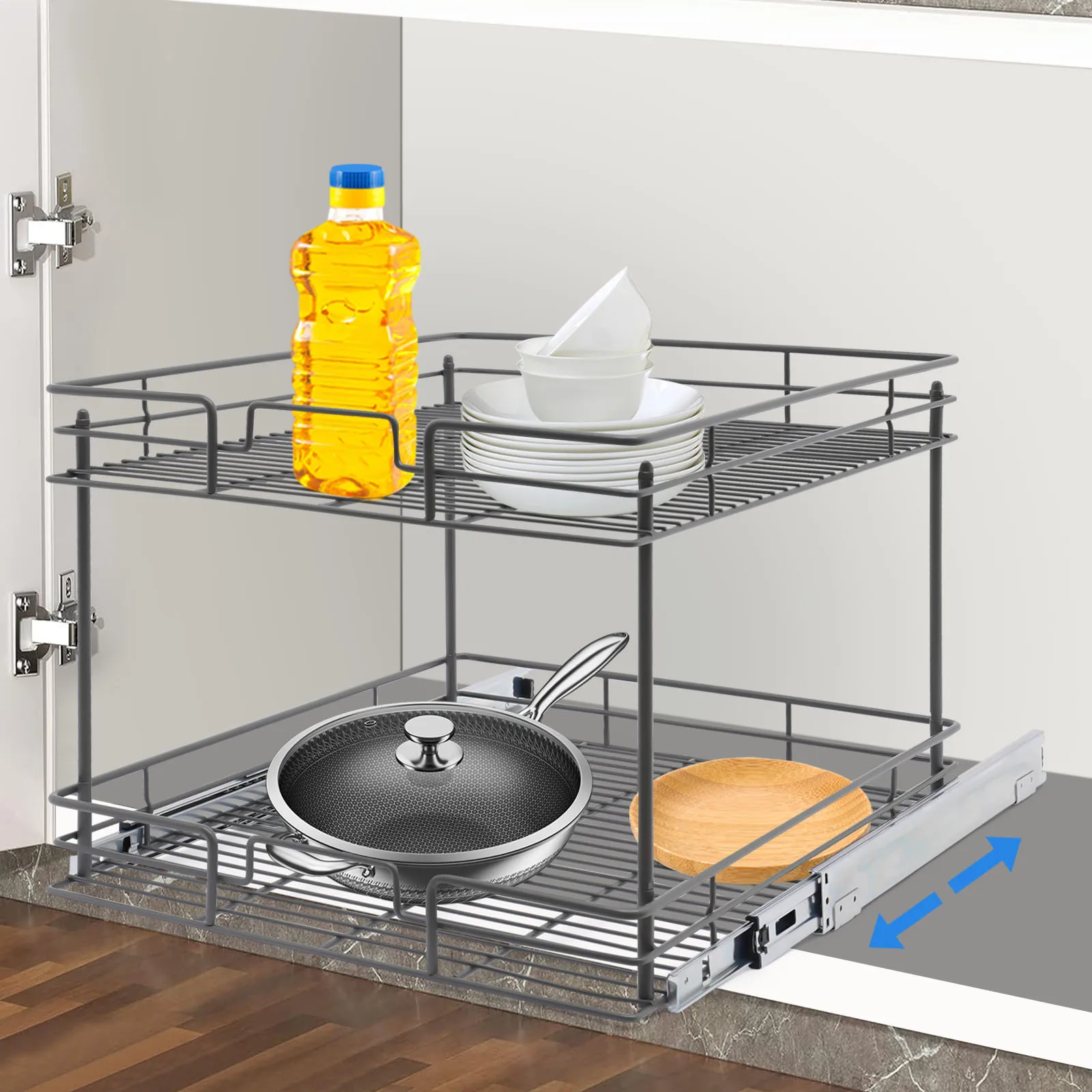 

19.5" W X 21.5" D Pull Out Cabinet Organizer, 2-Tier Kitchen Gray Cabinet Pull Out Shelves for Storing Kitchen Utensils