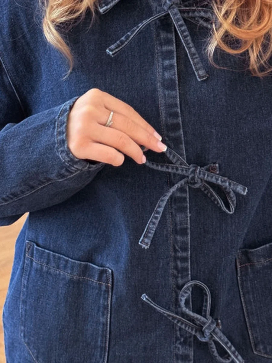 Jaket Denim lengan panjang wanita, atasan Jean warna polos dasi depan leher Lapel dengan saku Vintage 2000 pakaian jalanan