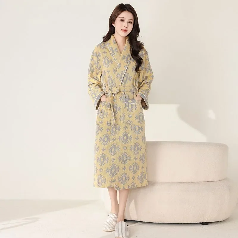 New Style Night Gown Ms.Pajamas Frivolous Absorb Water Chinese Style Comfort Ventilate Double Gauze Bathrobe Spring and Summer