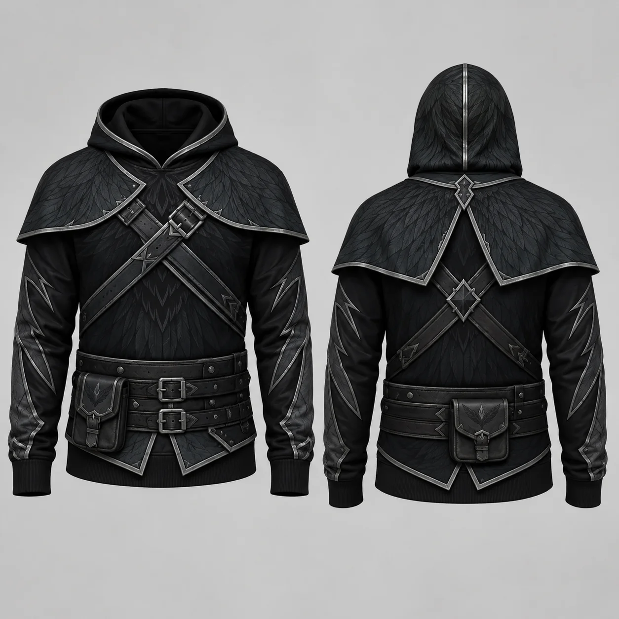 Image of Dunkler Mittelalterlicher Assassinen-Ranger-Hoodie für Männer, Schwarzer 3D-Sublimationsdruck, Flacher Grafik-Pullover, Fantasy-Streetwear