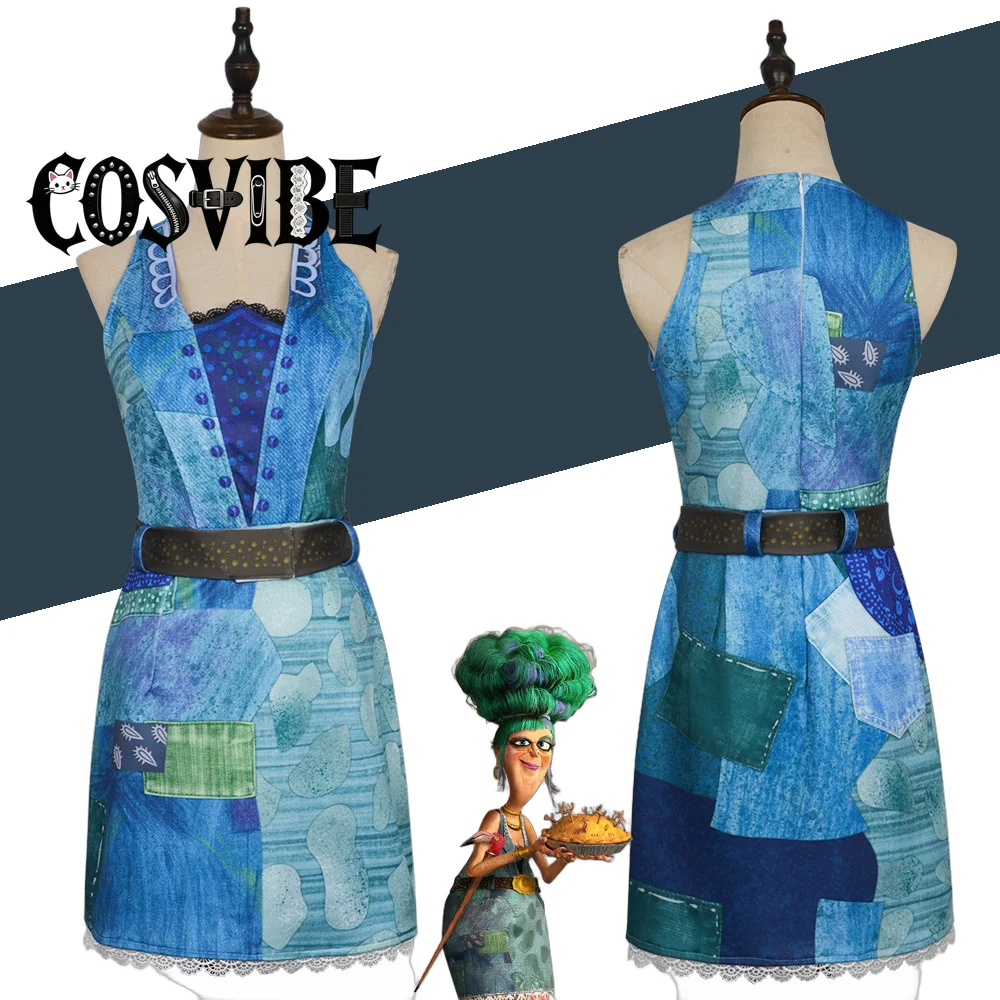 

Mrs. Twit Cosplay - Blue Dress Printed Skirt Belt Costume Women Halloween Carnival Party