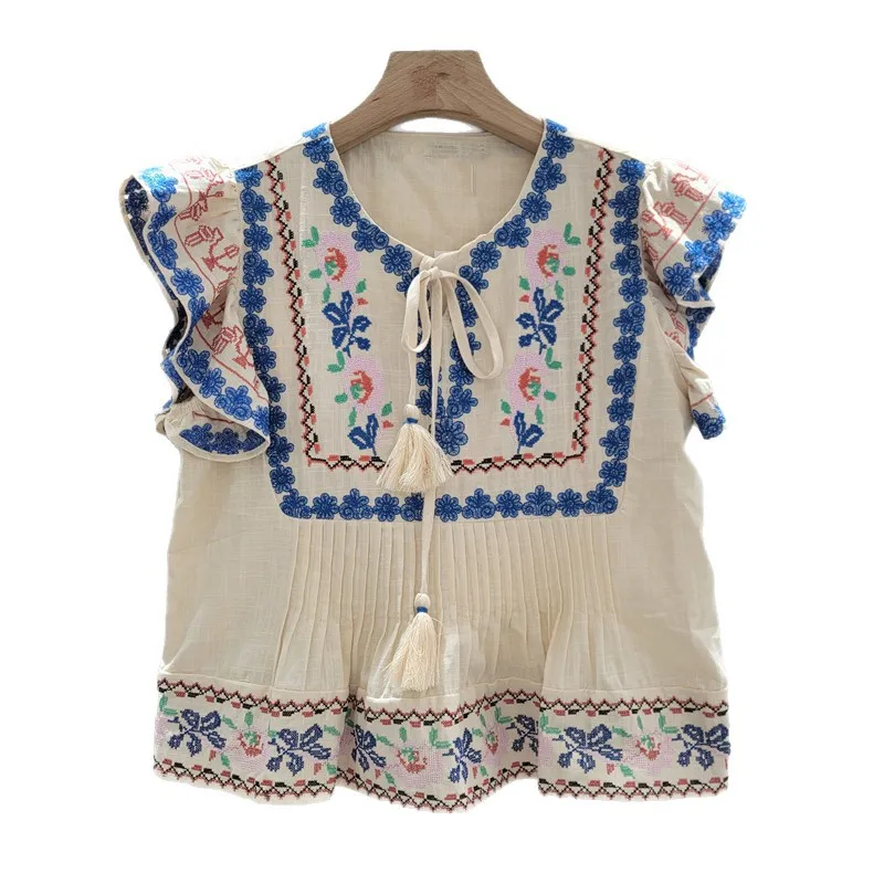 French Retro Ethnic Style Embroidered Short-sleeved Shirt, Women's 2026 Summer New Heavy Industry Niche Design Top Blouses
