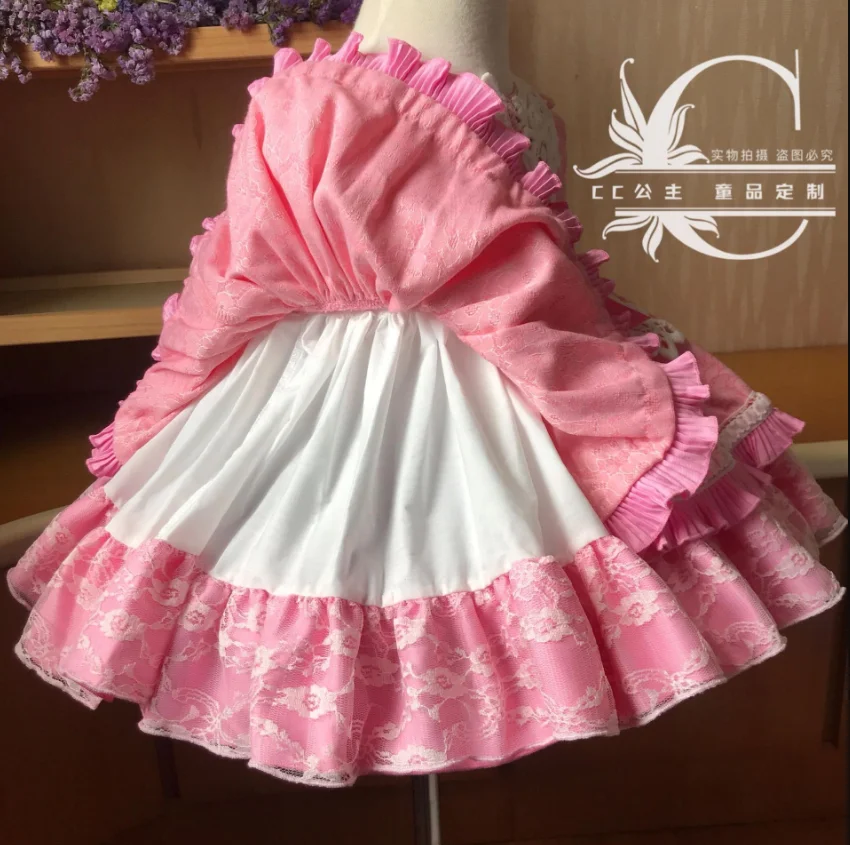 Summer Baby Girl pink Cotton Vintage Spanish Princess Dress Lace stitching ball Gown  Birthday Party Dress