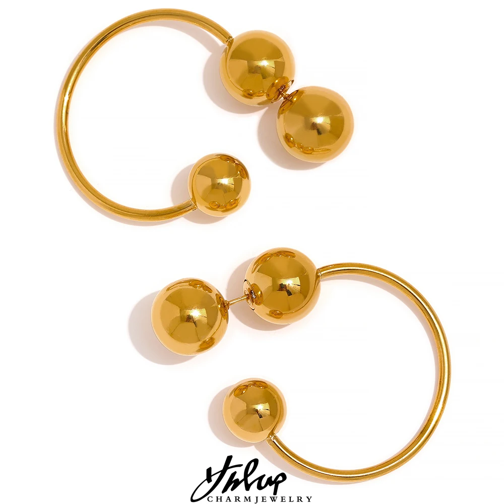 Yhpup Statement Metal Ball Temperament Stainless Steel Waterproof Hoop Earrings Women Minimalist 18K Gold Color Creative Jewelry