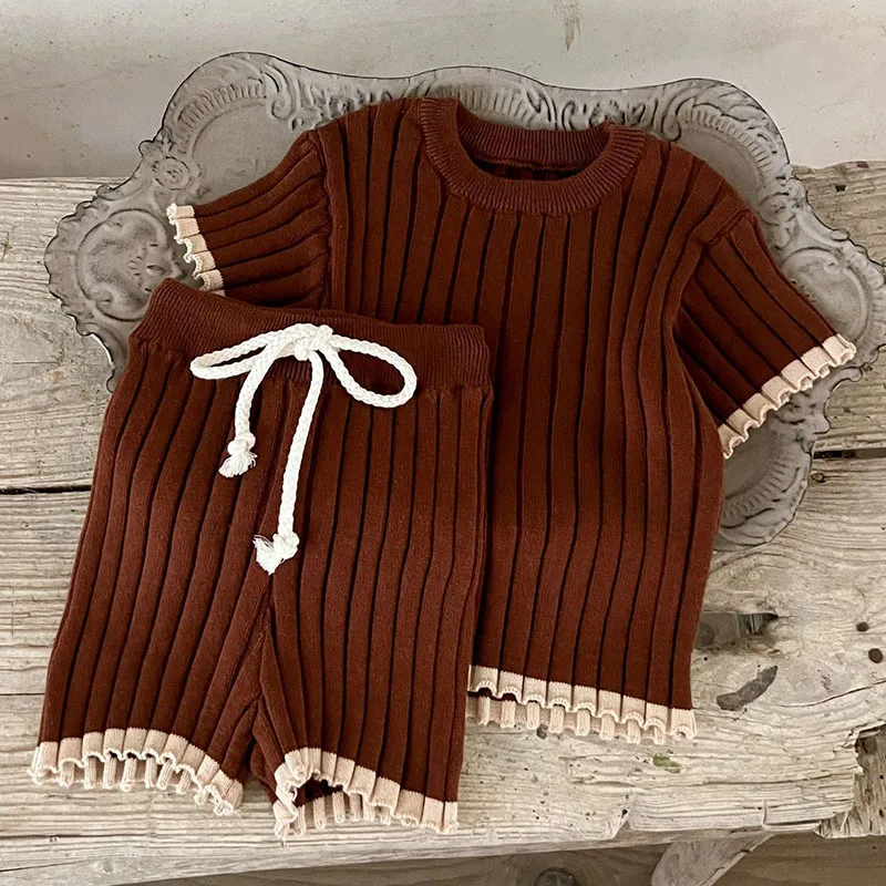 2025 New Spring Newborn Baby Girls Boys Clothing Set Short Sleeved Knitted Pullover Sweater+Shorts Children Clothes Suit