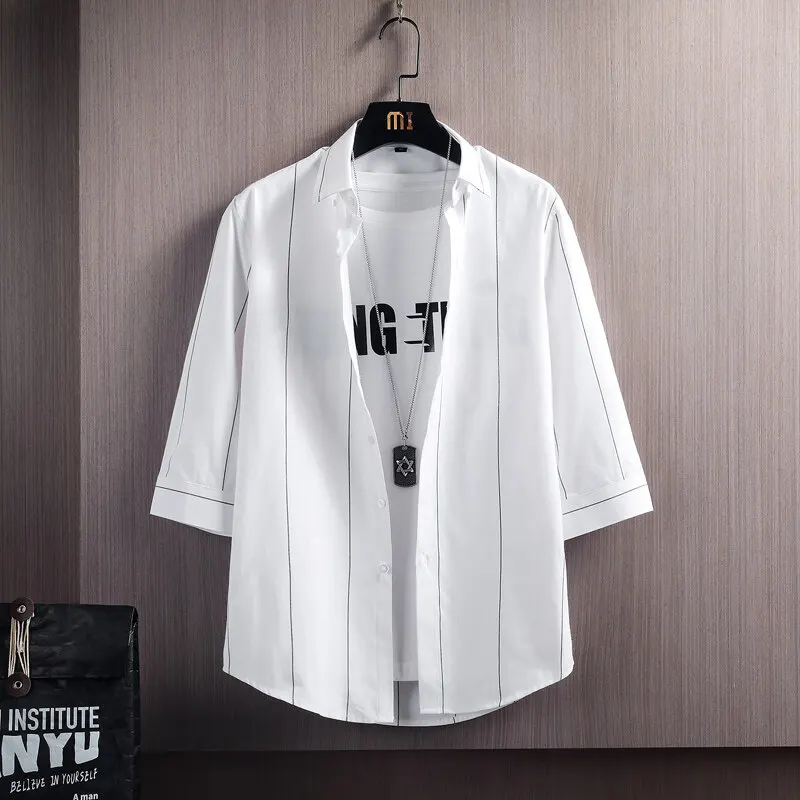 

Men's new summer product Three-quarter sleeve collar long-sleeved stripe shirt casual men's breathable top