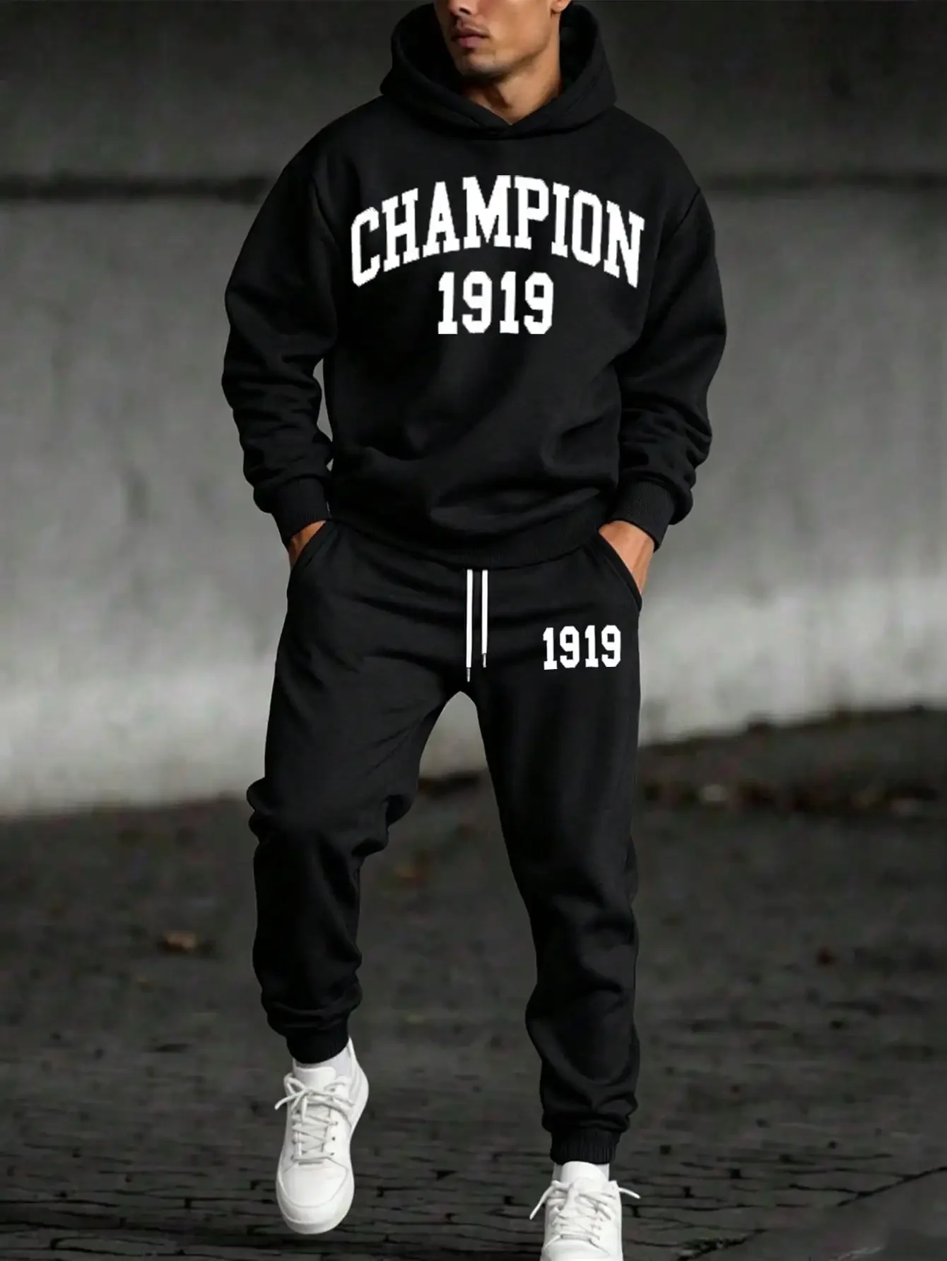 Men's Classic Champion 1919 Print Hoodie Set, including hooded sweatshirt and tapered jogger pants, sports outfit