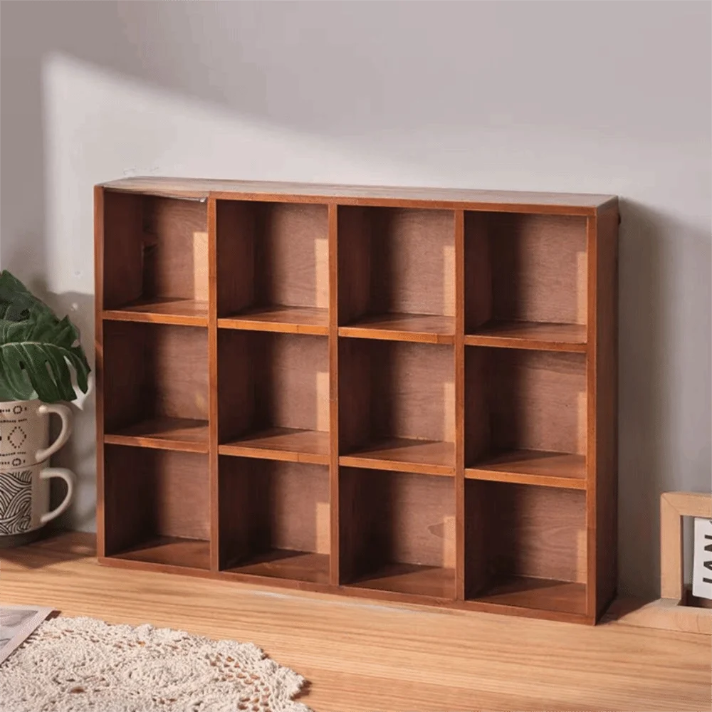 Solid Wood Wood Desktop Organizer Vintage Style Squares Wooden Storage Holder 12 Compartments Decorative Cups Storage Racks