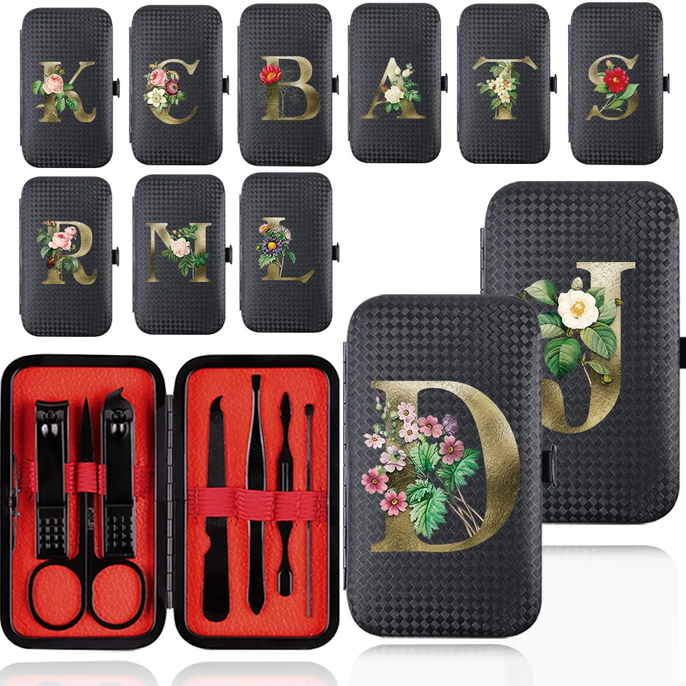 

7Pcs Portable Manicure Set Stainless Steel Nail Clippers Organizer Pedicure Care Kit Grooming Tool Golden Flower Letter Pattern