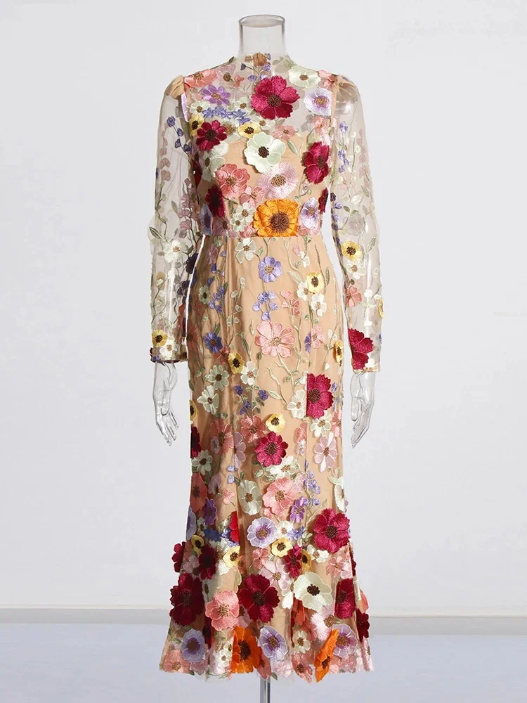 Embroidery Hit Color Dresses For Women O Neck Long Sleeve Slimming High Waist Patchwork Flower Bodycon Dress Female New