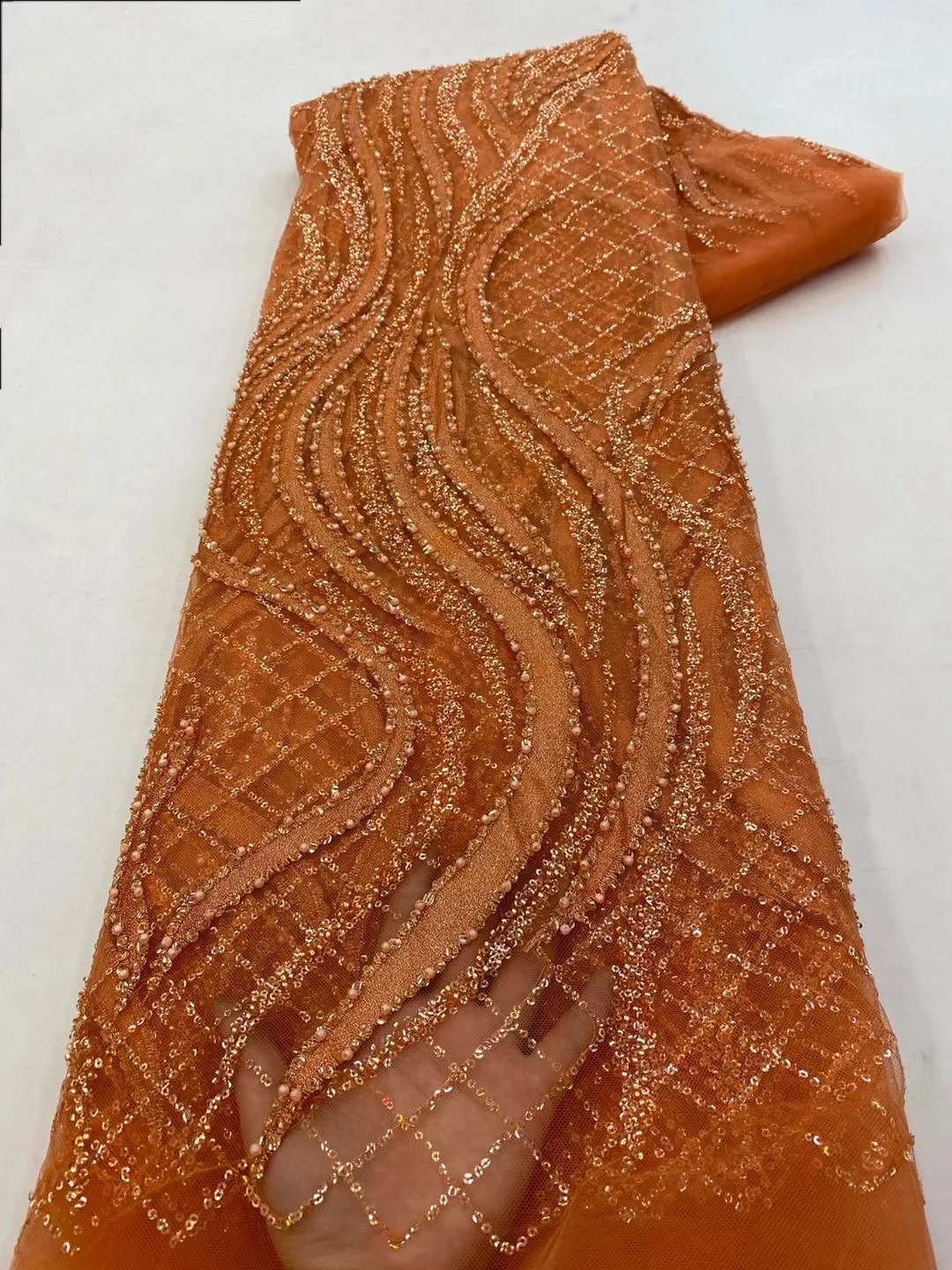 

African Lace Fabric 2024 Handmade Beaded Lace Fabric France Sequins Nigerian Embroidery Bridal Mesh Lace Fabric for Sewing