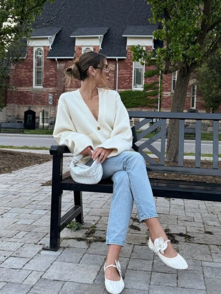 Vintage Knit Cardigan Women Casual Loose Big Sleeves V Neck Pockets Sweater Female 2025 Autumn Winter Solid Fashion Knitwears