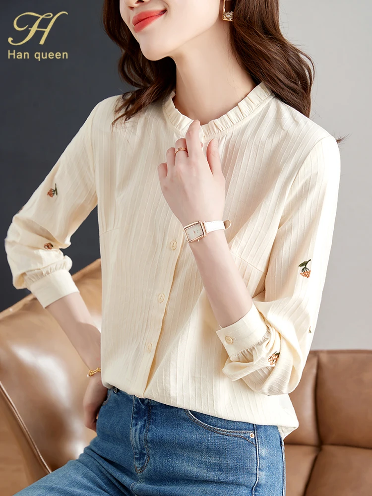 H Han Queen Autumn Blouses Flower Embroidery Vintage Tops Simple Elegant Chiffon Blouse Women Long Sleeve Casual Office Blusas