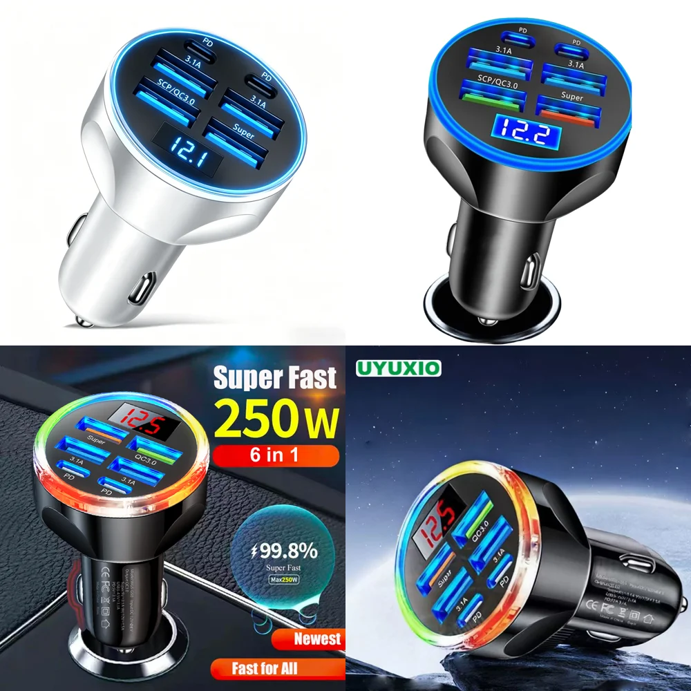 Multi Port Car Charger Adapter USB Type C with Volt Meter Fast Charge with Voltage Display for iPhone iPad Samsung New Products
