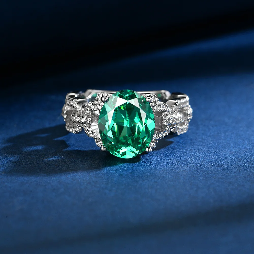 

New S925 silver inlaid 9 * 11 egg shaped 5ct wood color cultivation emerald temperament ring wedding jewelry
