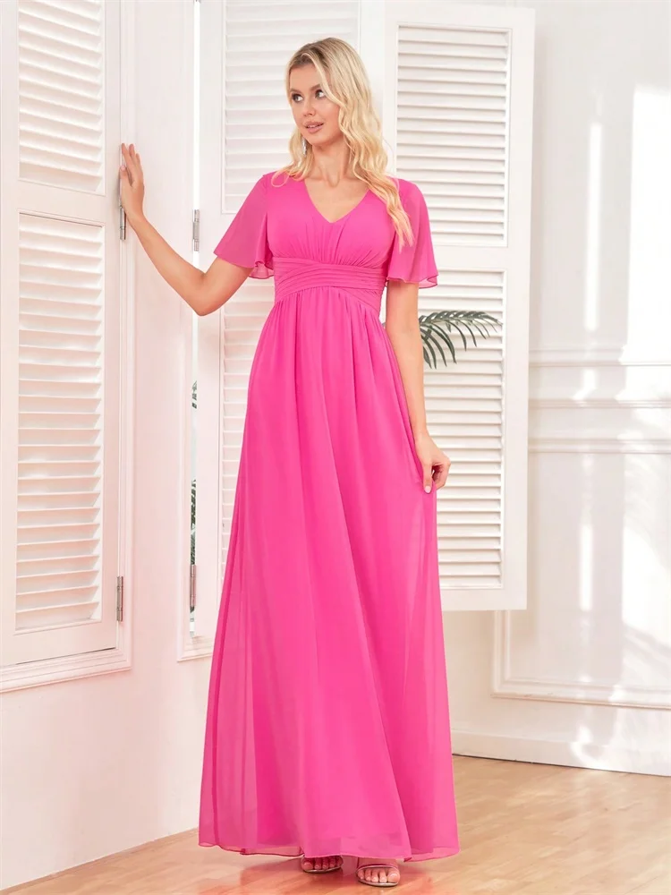 

BLUEPLUM Elegant Chiffon Pink Evening Dress Women Short Sleeve V-neck Bridesmaid Party Dress Floor Length Formal Cocktail Prom