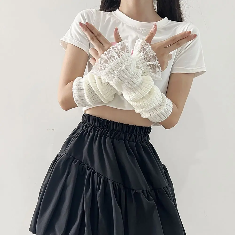 Casual Lace Women Long Wrist Gloves Long Knitted Arm Warmers Knitted Gloves Japanese Korean Style Arm Warm Gloves Student
