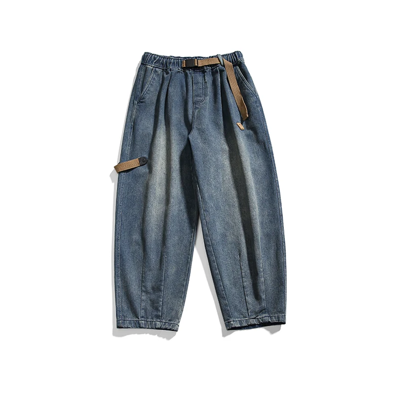 Japanese do old decorative webbing tooling casual straight leg jeans old blue holes cut broken jeans men straight leg loose pant