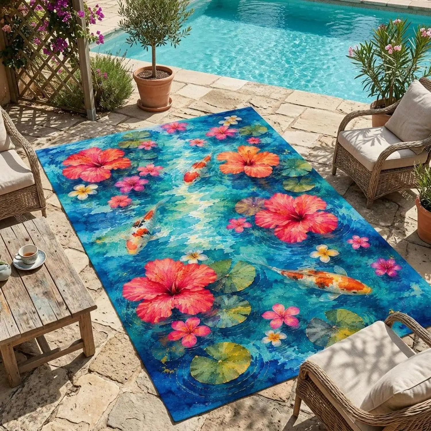 Koi Pond Outdoor Carpet, Tropical Floral Garden Carpet, Water Lily Pond Side Carpet, Japanese Garden Terrace Decoration