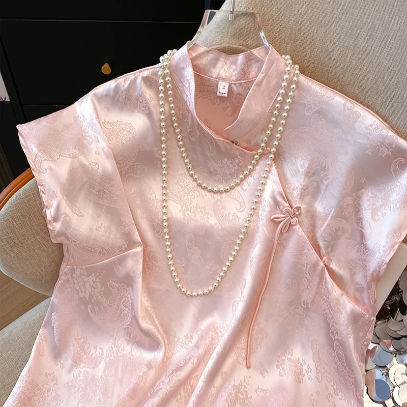 الجاكار الحرير الحرير البلوزات النساء قصيرة الأكمام الوردي قمصان النساء الرجعية الصينية خمر العرقية نمط بلوزات بلا اكمام المتضخم