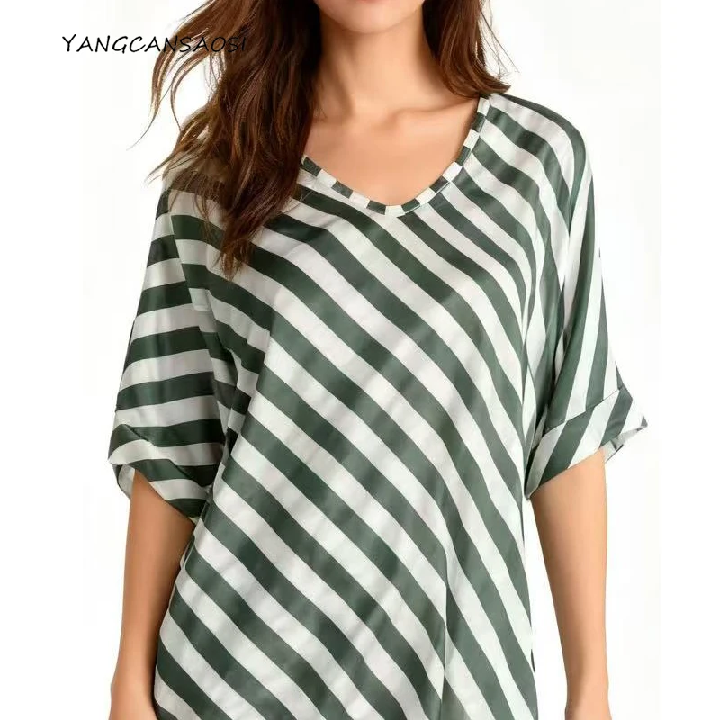 

Women's Casual Clothing 20MM 100% Natural Mulberry Silk Satin Batwing Short Sleeved V-neck Licorice Green White Stripes T-shirt