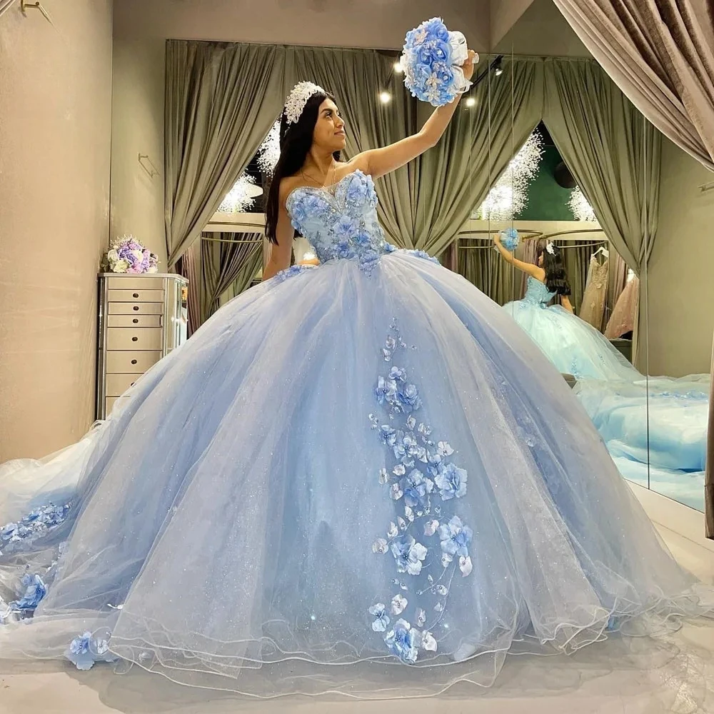 Sky Blue Princess Quinceanera Dresses Ball Gown Sweetheart Tulle Floral Pearls Sweet 16 Dresses 15 Años Mexican Customized