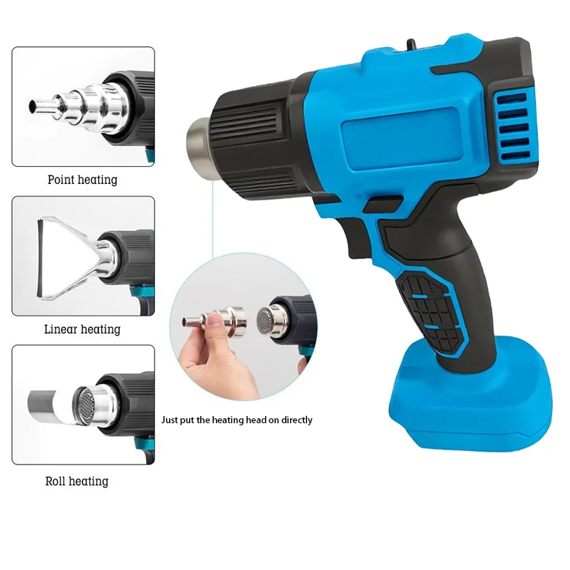 مسدس هواء ساخن محمول 21 فولت، تصميم لاسلكي قابل لإعادة الشحن، لاسلكي لبطارية ماكيتا، مسدس حراري كهربائي مع 3 فوهات