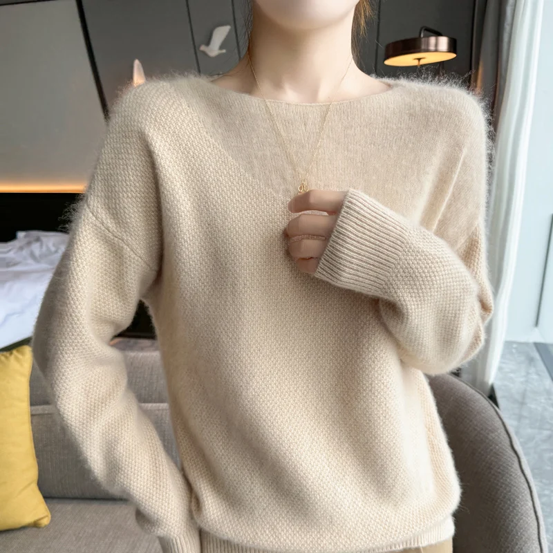 100% Pure Lazy Style Wool Sweater Women's AutumnWinter Long Sleeved Solid Color Pullover Warm Loose Boat Neck Knit Top