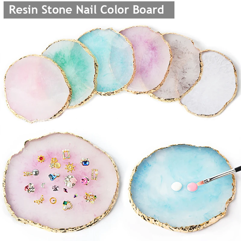 1PC Round Resin Nail Art Palette Agate Golden Edge Mixing Color Drawing Pallet False Nail Polish Display Shelf Manicure Tool