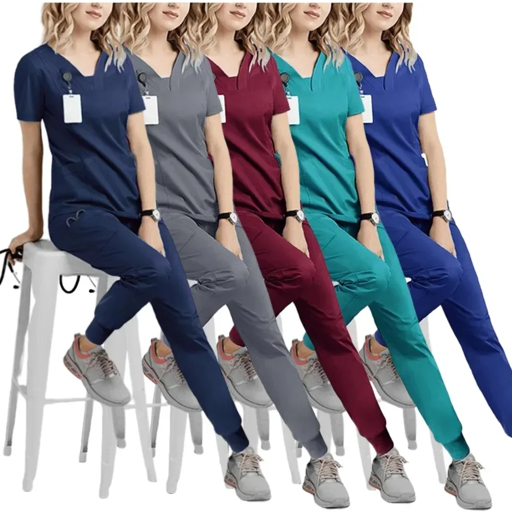 2024 Pantaloni da gamba da jogging in vita a costine dritti in poliestere spandex di colore bianco Uniformi per scrub medico