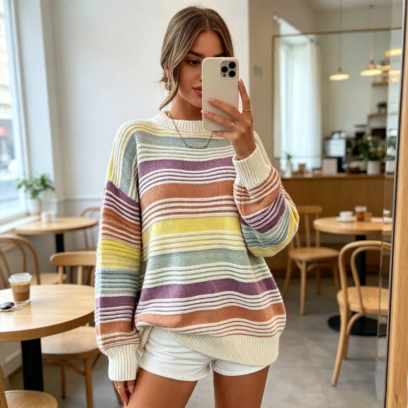 Autumn Oversized Rainbow Stripe Sweater Knitwear Long Sleeve Pullover Fashion Casual Pullovers Women Top  Winter Jumpers