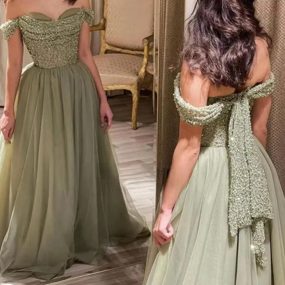 

Вечернее платье с открытыми плечами по индивидуальному заказу, тюлевое платье длиной до пола, великолепное платье для выпускного вечера, вечернее платье с блестками, халат для вечеринок