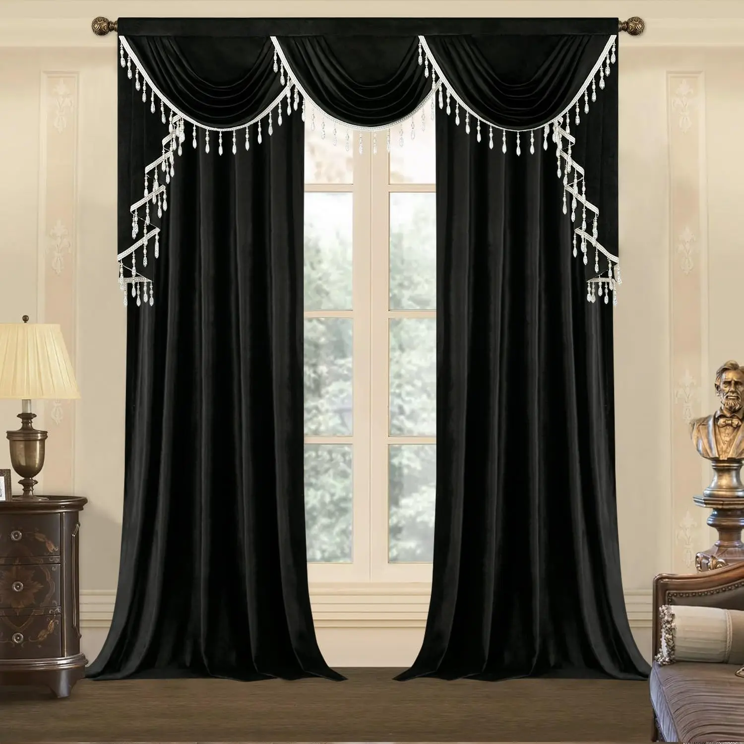 Black Velvet Curtains & Drapes, Room Darkening Decorative Window Treatment with Swag Valance, Vintage Style Curtain