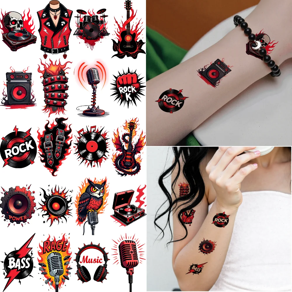 

63pcs Temporary Tattoo Flaming Skulls Cartoon Rock Music Waterproof Long-lasting Body Stickers For Men Shoulders