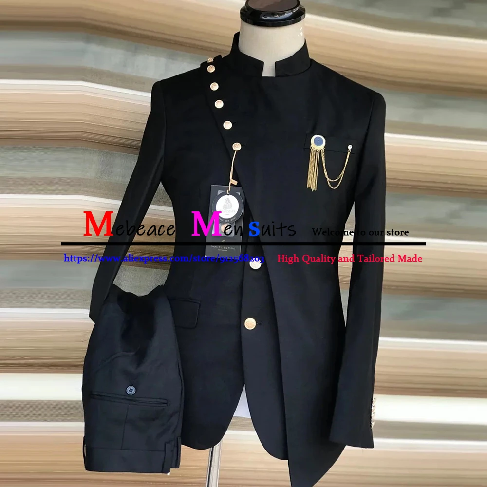 New Arrival Mens Suits Chinese Style Stand Collar Men Wedding Suits Groom Tuxedos 2 Piece Blazer Pants Tailor-Made Costume Homme