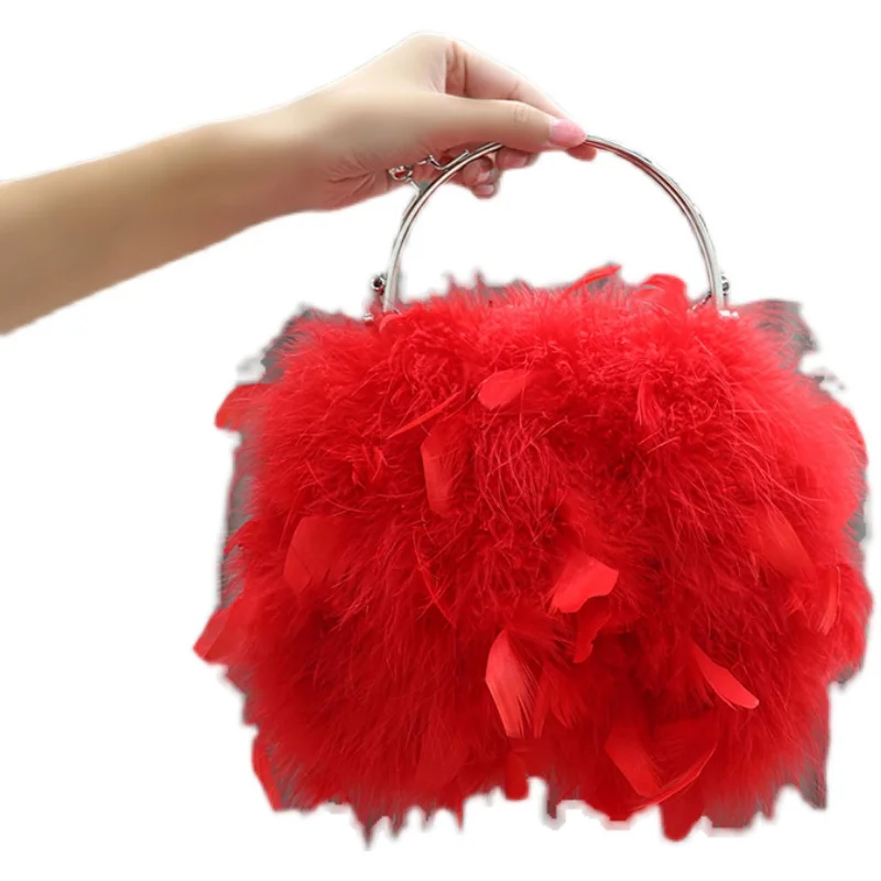 

Fluffy Real Ostrich Feahter Party Evening Women Wedding Purses and Handbags Shoulder Chain Bag