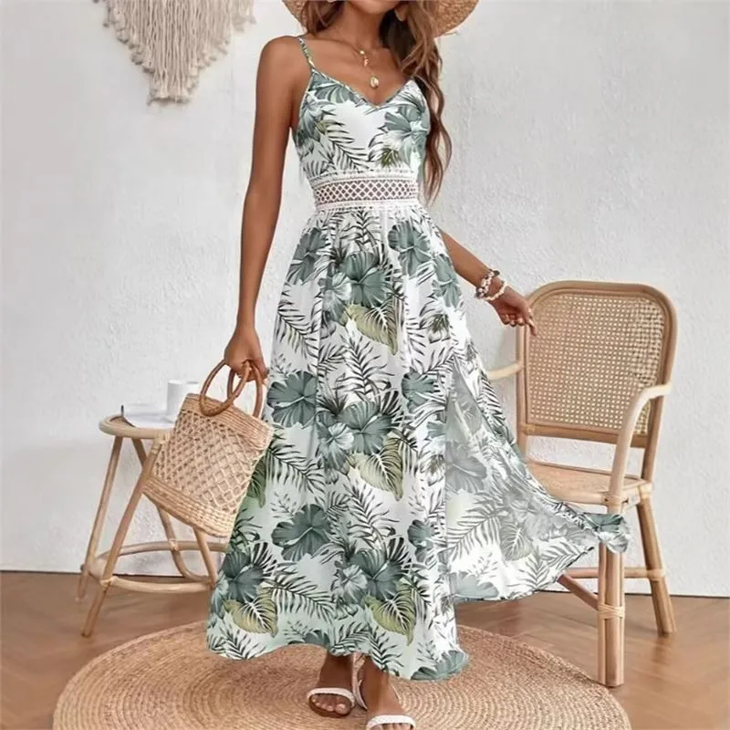 

Bohemian Fashion Printed A-line Dress Women's Summer Sexy V-neck Sling Dresses Ladies Split Hem Casual Beach Vacation Vestidos