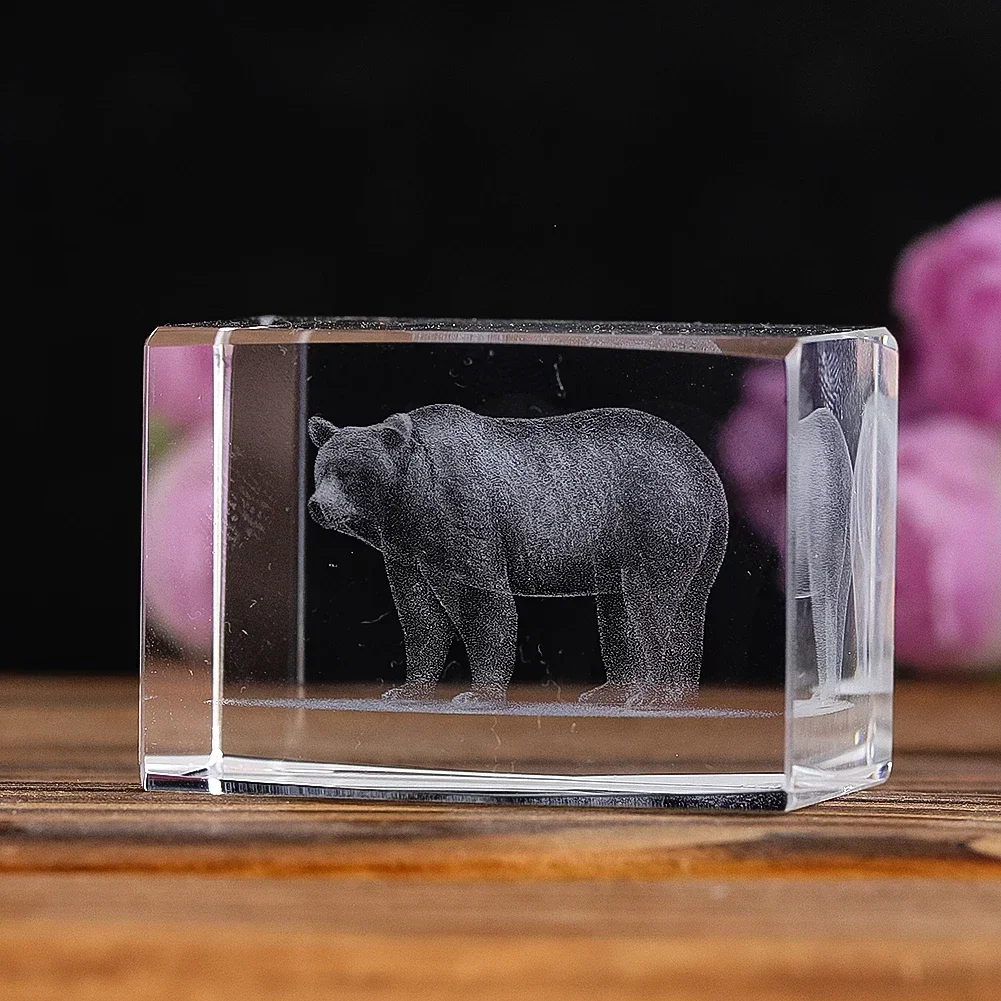 1PCS Bear Cube Miniatures Crystal Laser Engraving Transparent Inter-engraving Interior Carved Room Decoration Desktop Ornaments