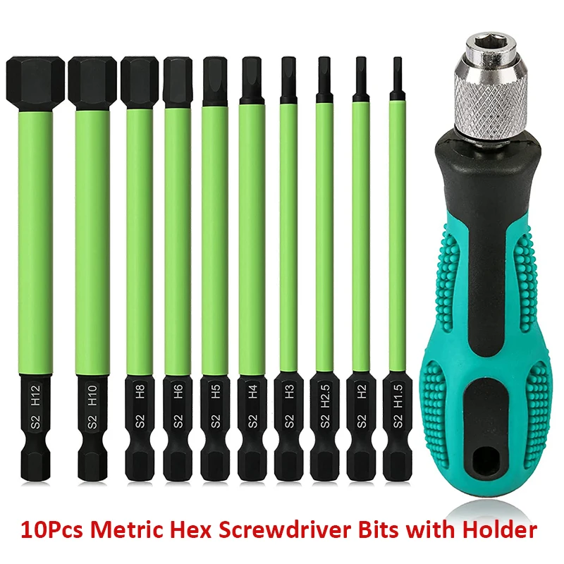 100mm Hex Head Screwdriver Bit with Holder 1/4 Inch Hex Shank Allen Wrench Drill Bit SAE Metric Magnetic Hex Bit Set