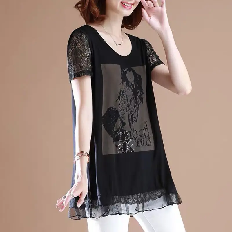 Casual Short Sleeve Elegant Lace Patchwork T-shirt Women\'s Clothing Fashion Printed Diamonds Summer Loose O-Neck Midi Pullovers