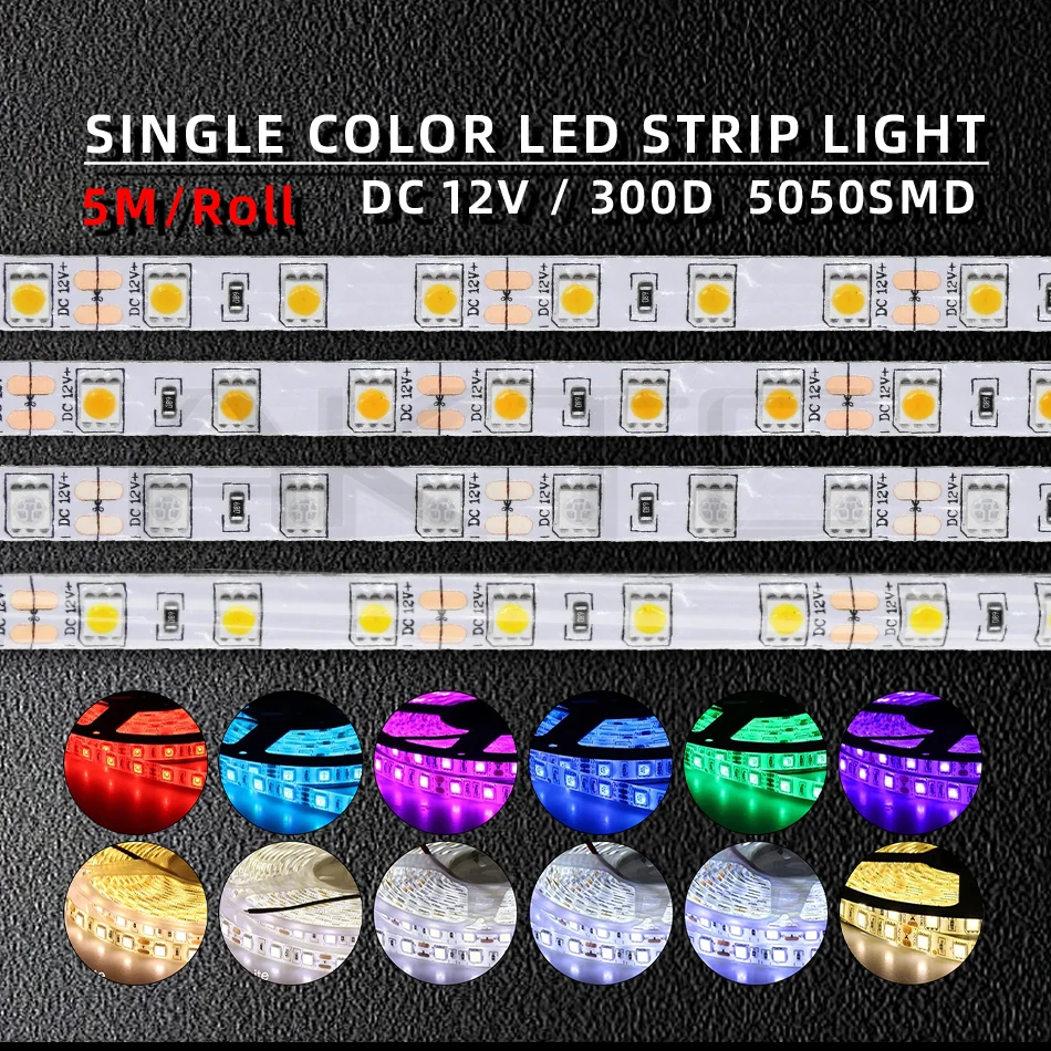 

5 м 12 В постоянного тока 5050 Светодиодная лента IP65 водонепроницаемая одноцветная теплая натуральная белая Красная Зеленая синяя желтая розовая фиолетовая гибкая лента